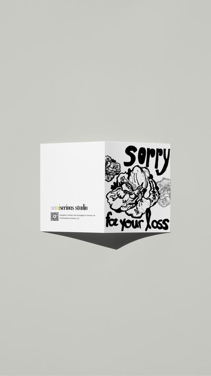 Black & White Flower Sympathy card standing open, showing the front artwork and the Semiserious Studio logo on the back