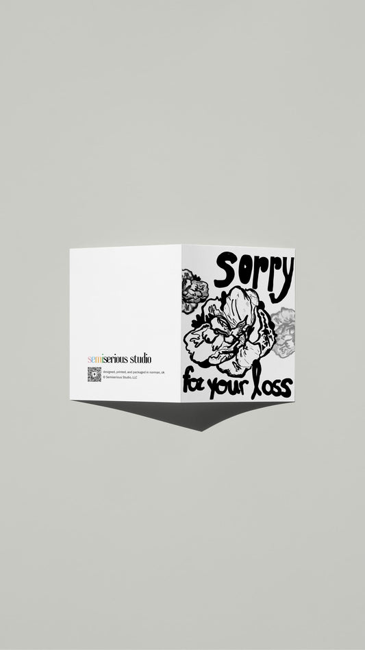 Black & White Flower Sympathy card standing open, showing the front artwork and the Semiserious Studio logo on the back