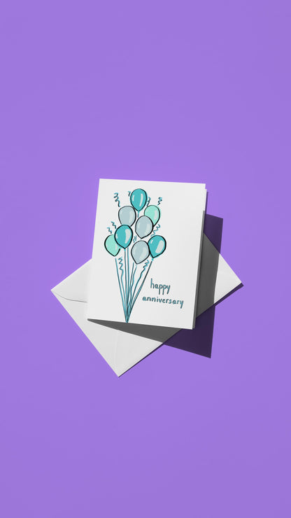 Hand-drawn illustration of blue balloons with the message "happy anniversary" in blue