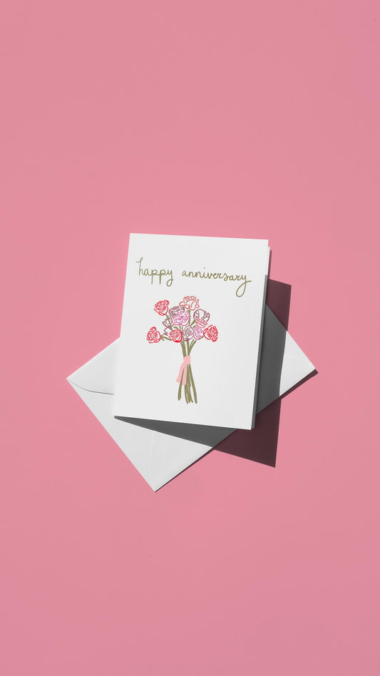 Hand-drawn illustration of a bouquet of roses with the message "happy anniversary"