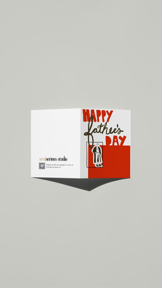 Bright Red Father's Day card standing open, showing the front artwork and the Semiserious Studio logo on the back