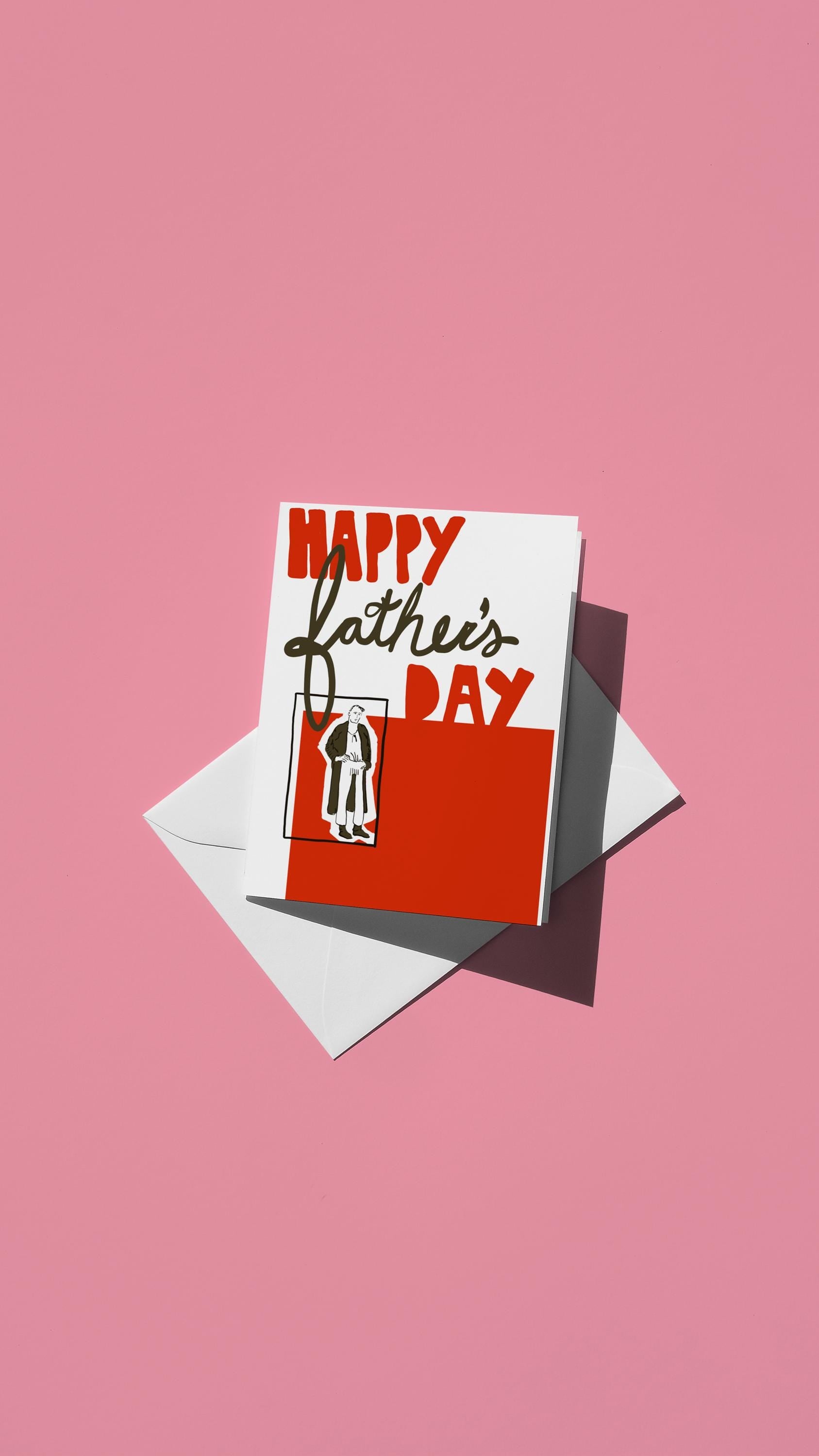 Hand-drawn illustration of a man on a geometric red and white background with the message "HAPPY FATHER'S DAY"