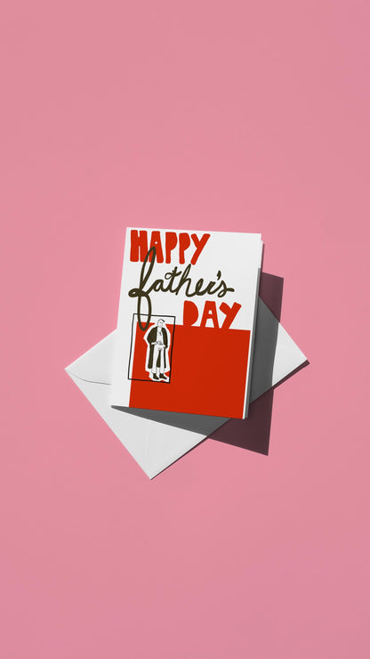Hand-drawn illustration of a man on a geometric red and white background with the message "HAPPY FATHER'S DAY"