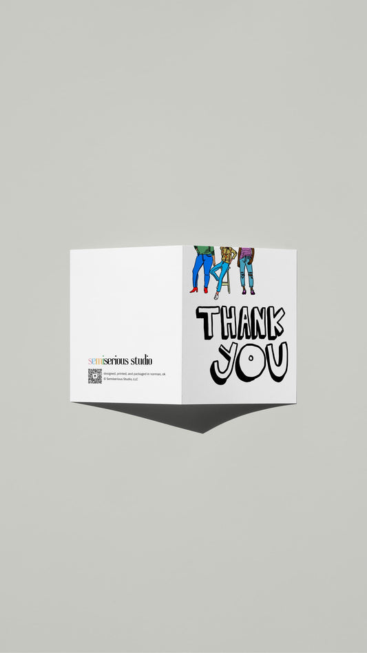 Bubble Letters Thank You card standing open, showing the front artwork and the Semiserious Studio logo on the back