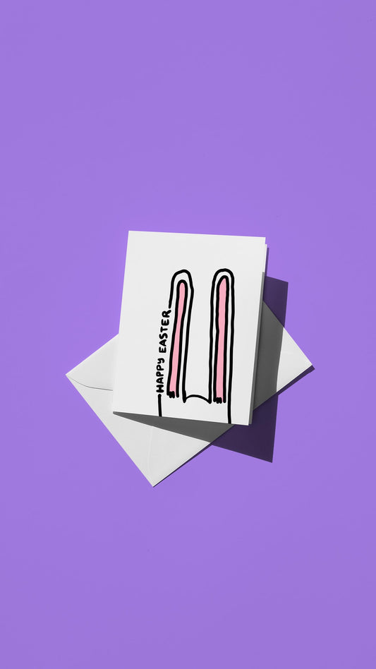 Hand-drawn illustration of white bunny ears with the message "HAPPY EASTER"