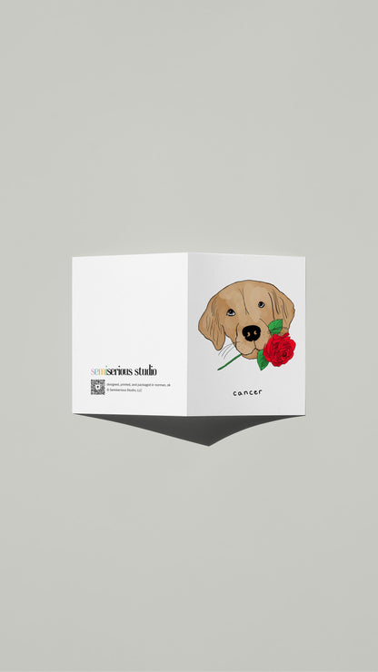 Cancer Dog with Rose Birthday card standing open, showing the front artwork and the Semiserious Studio logo on the back