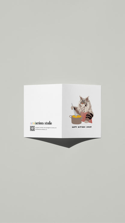 Cancer Maine Coon Pasta Birthday card standing open, showing the front artwork and the Semiserious Studio logo on the back