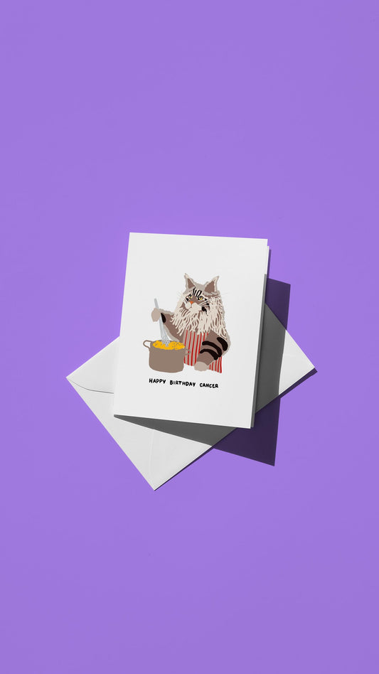 Hand-drawn illustration of a Maine Coon cat wearing an apron and cooking pasta with the message "HAPPY BIRTHDAY CANCER"