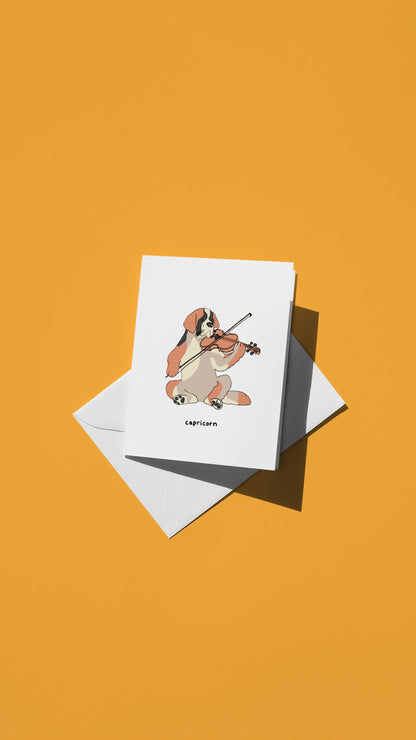Hand-drawn illustration of a St. Bernard playing a violin with the message "capricorn"