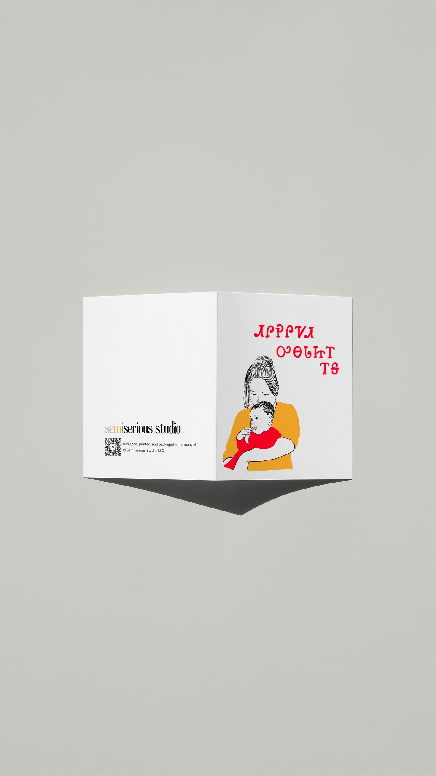 Cherokee Mom and Baby Mother's Day card standing open, showing the front artwork and the Semiserious Studio logo on the back
