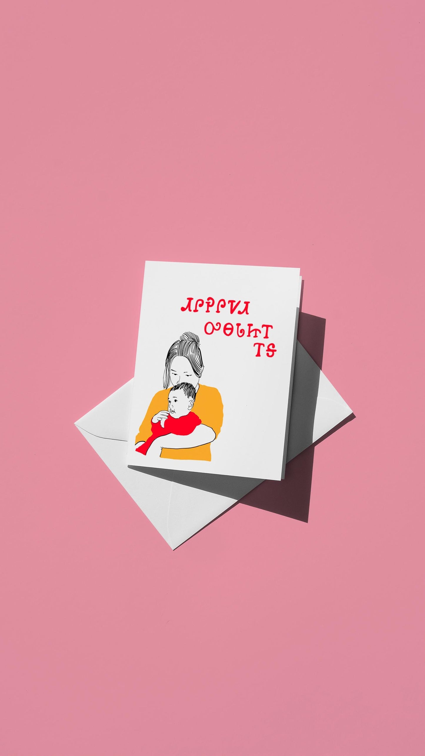Hand-drawn illustration of a mom and baby with a message in red Cherokee syllabary