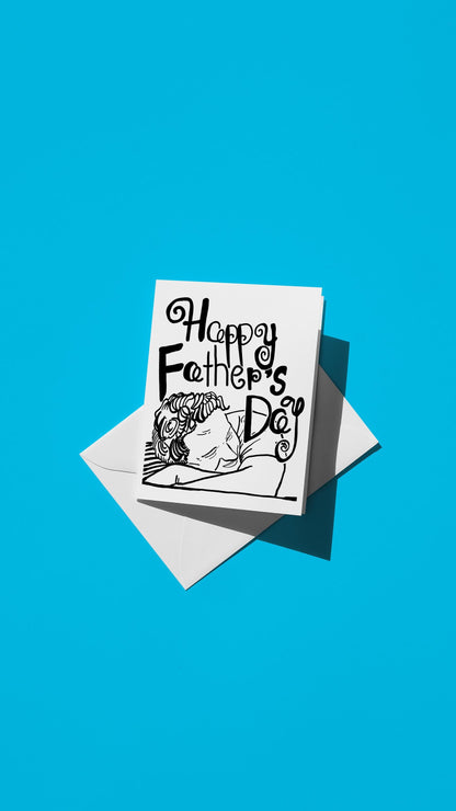 Hand-drawn illustration of a black and white sketch of a dad with the message "HAPPY FATHER'S DAY"