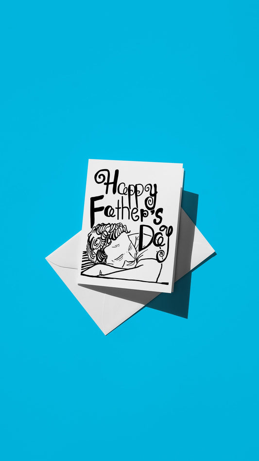 Hand-drawn illustration of a black and white sketch of a dad with the message "HAPPY FATHER'S DAY"