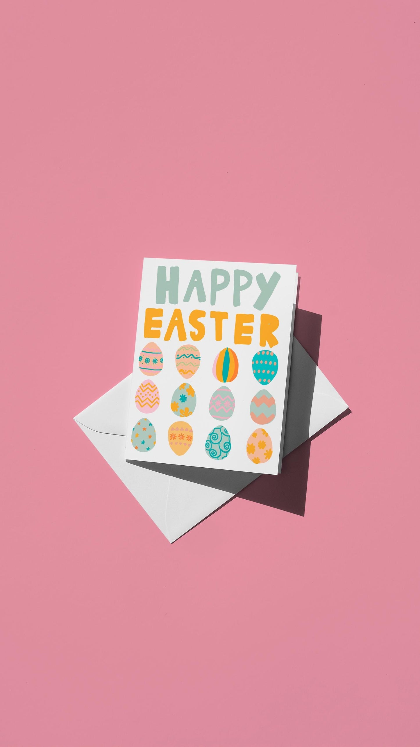 Hand-drawn illustration of a dozen pastel Easter eggs with the message "HAPPY EASTER"
