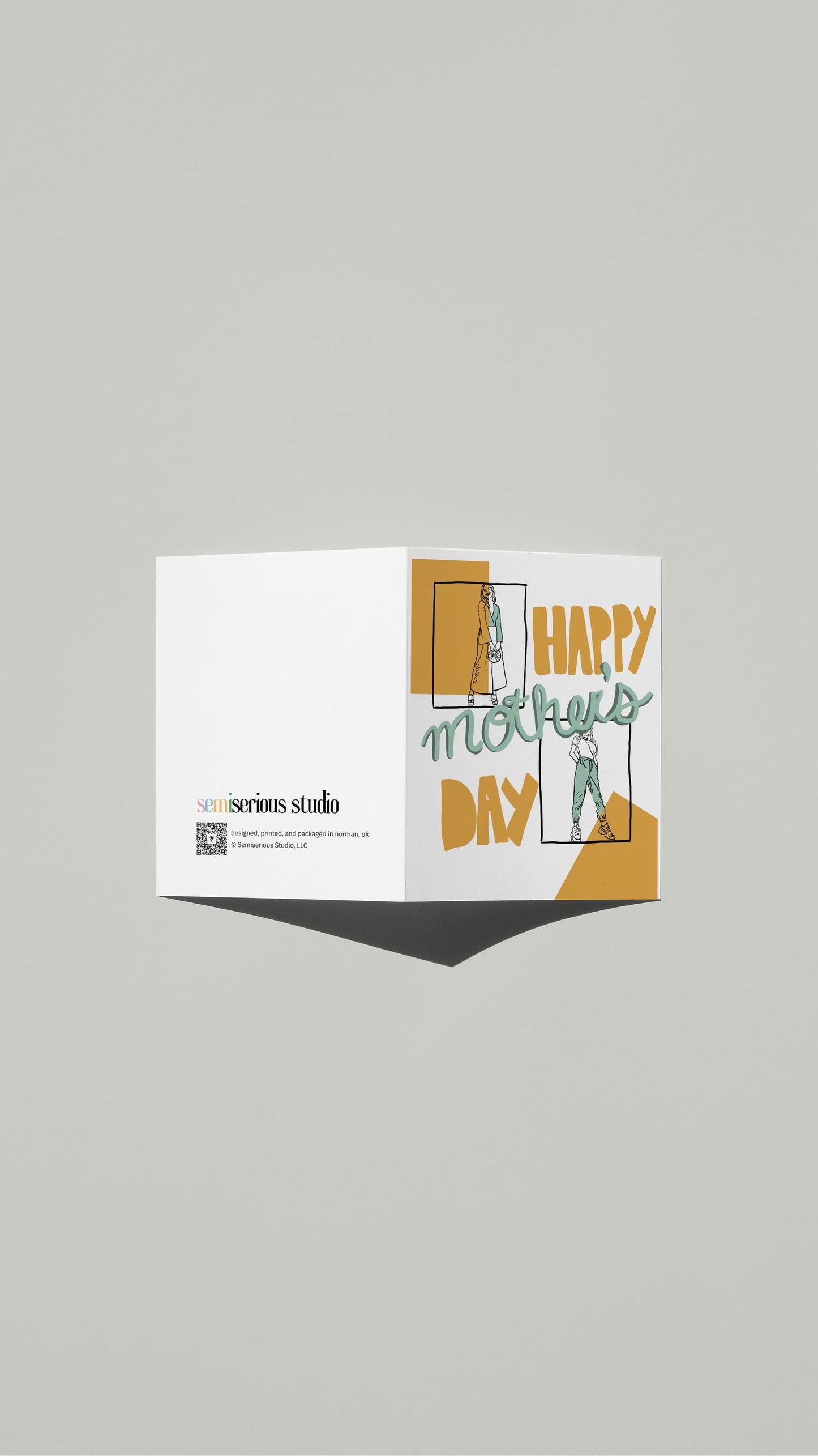 Colorful Stylish Mom Mother's Day card standing open, showing the front artwork and the Semiserious Studio logo on the back
