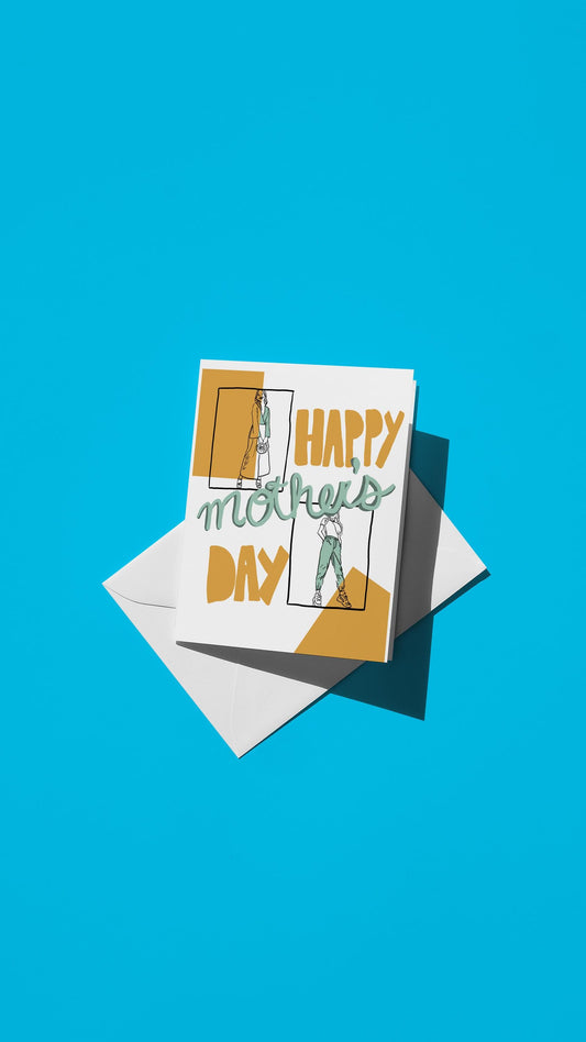 Hand-drawn illustration of a stylish posing mom with the message "HAPPY MOTHER'S DAY"