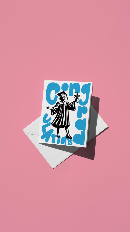 Hand-drawn illustration of a graduate with the message "congradulations"