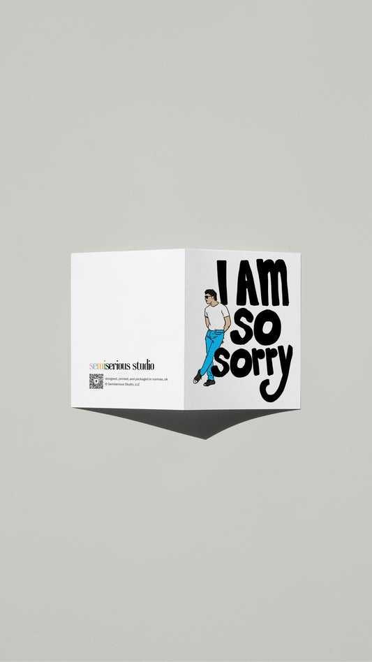 Cool Guy Apology card standing open, showing the front artwork and the Semiserious Studio logo on the back