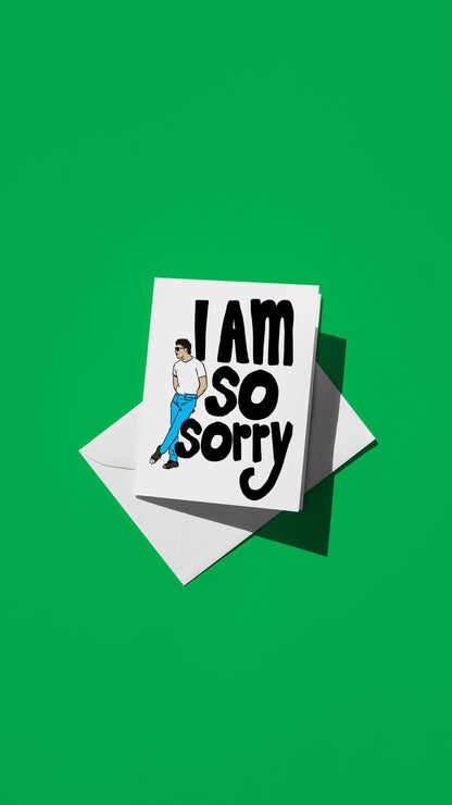 Hand-drawn illustration of a James Dean-esque guy leaning against block letters with a message of "I AM SO SORRY"