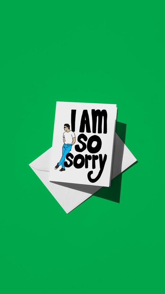 Hand-drawn illustration of a James Dean-esque guy leaning against block letters with a message of "I AM SO SORRY"