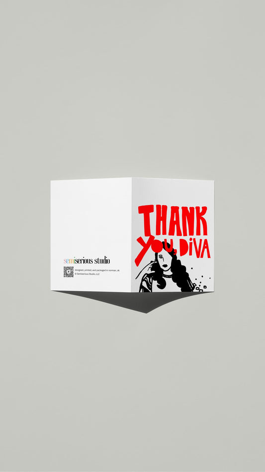 Diva Thank You card standing open, showing the front artwork and the Semiserious Studio logo on the back