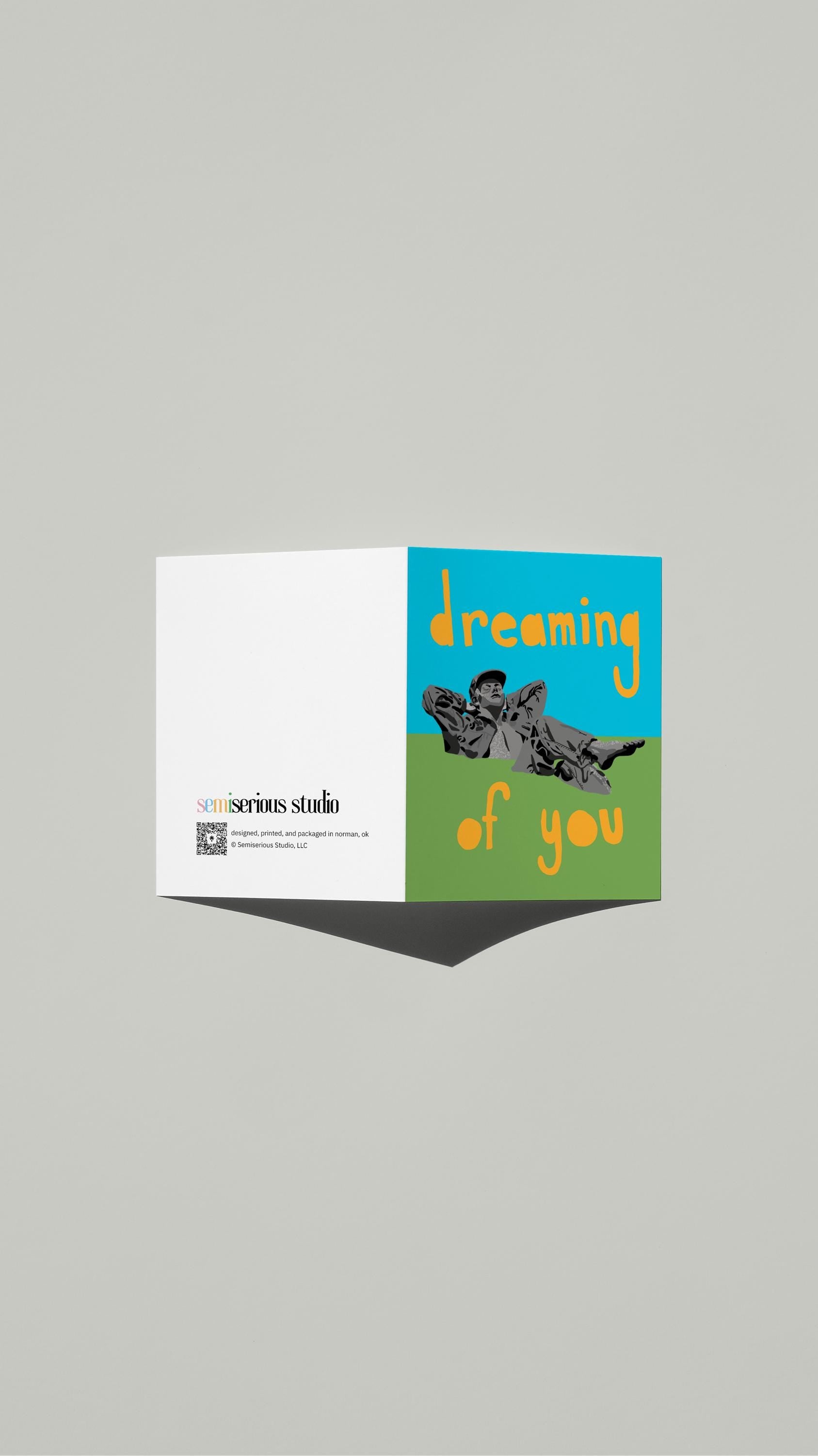 Dreaming of You Pastoral Valentine card standing open, showing the front artwork and the Semiserious Studio logo on the back