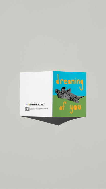 Dreaming of You Pastoral Valentine card standing open, showing the front artwork and the Semiserious Studio logo on the back