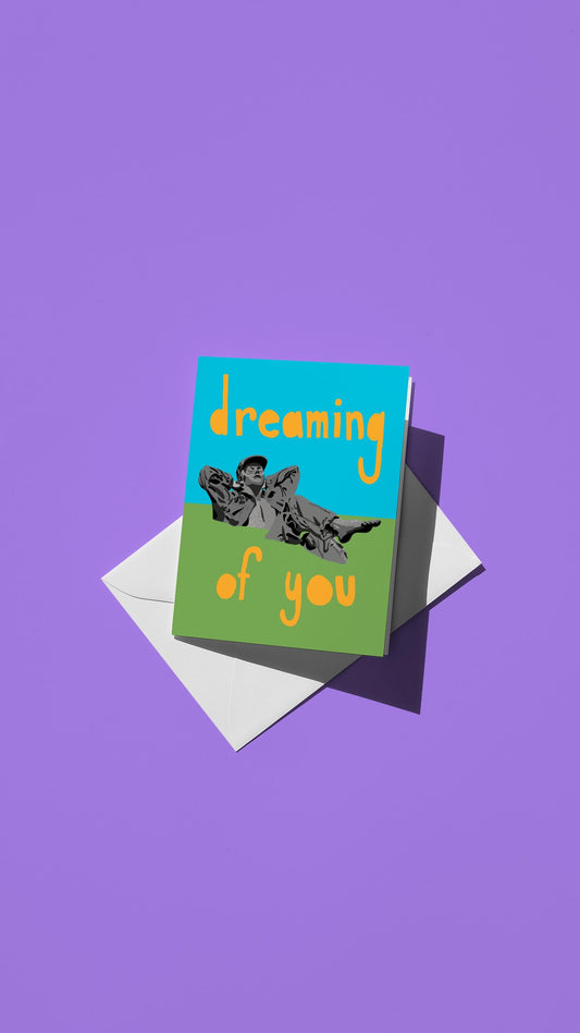 Hand-drawn illustration of the Pastoral Dreamer sculpture by David L. Phelps with the message "dreaming of you"