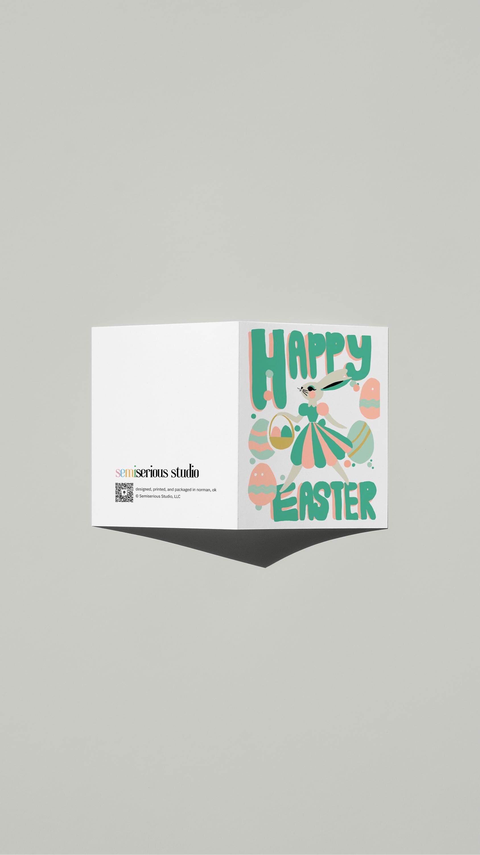 Easter Bunny Colorful card standing open, showing the front artwork and the Semiserious Studio logo on the back