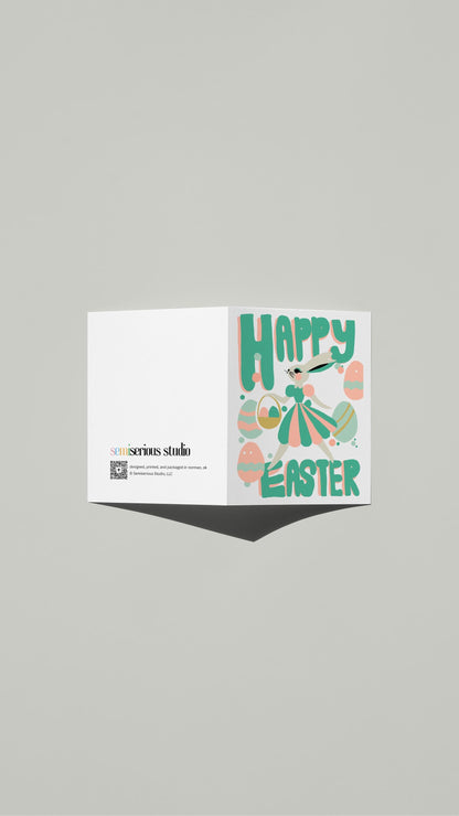 Easter Bunny Colorful card standing open, showing the front artwork and the Semiserious Studio logo on the back