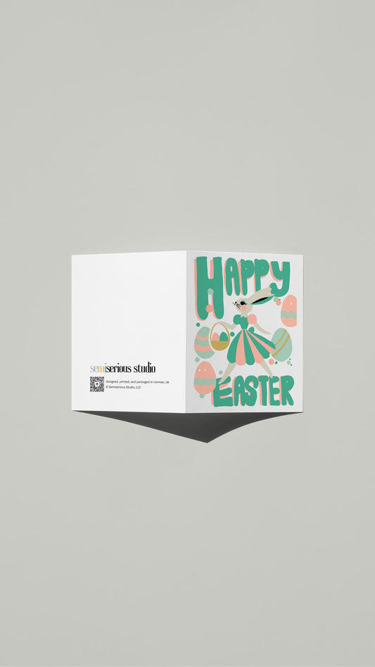 Easter Bunny Colorful card standing open, showing the front artwork and the Semiserious Studio logo on the back