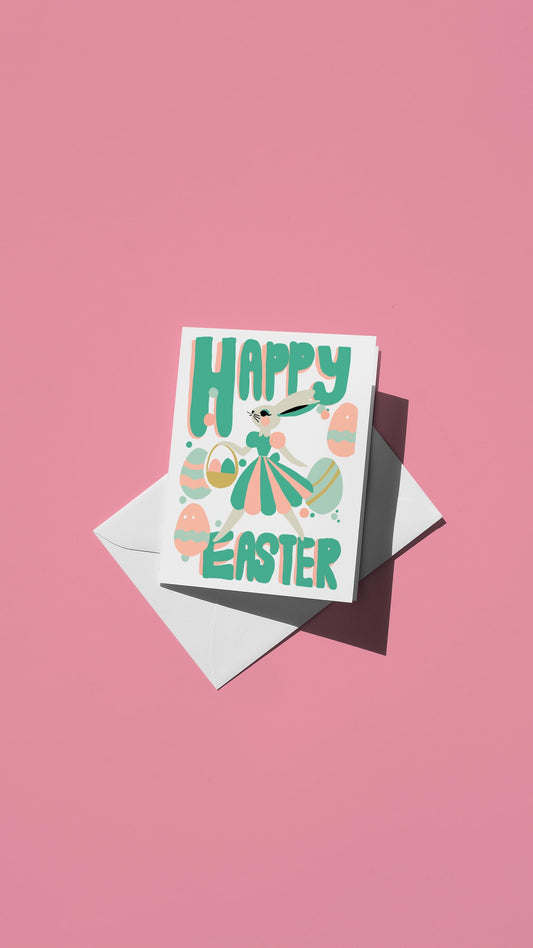 Hand-drawn illustration of the Easter Bunny in a pastel dress, carrying an easter basket, and surrounded by easter eggs with