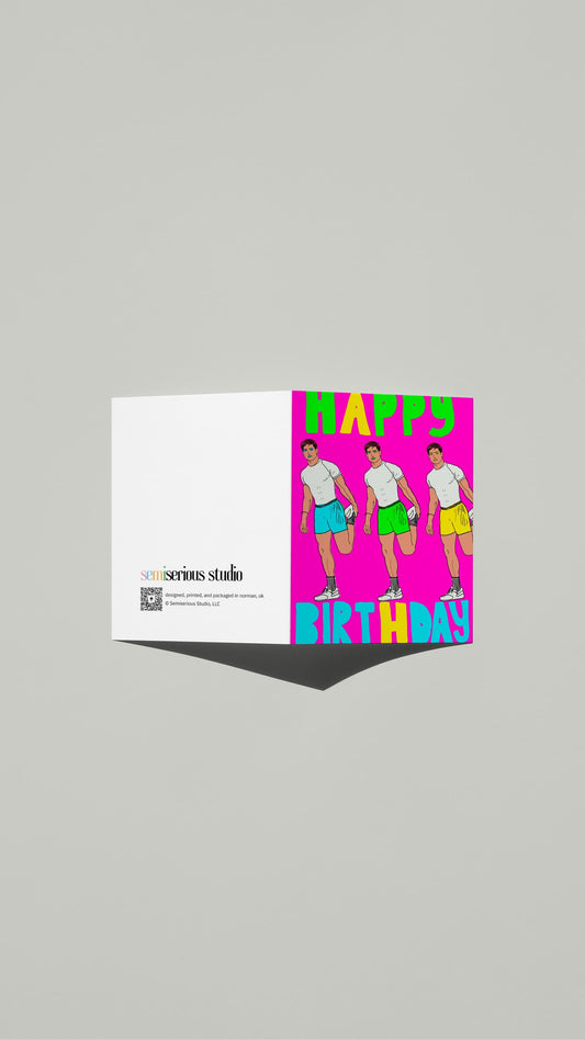 Electric Pink Neon Birthday card standing open, showing the front artwork and the Semiserious Studio logo on the back