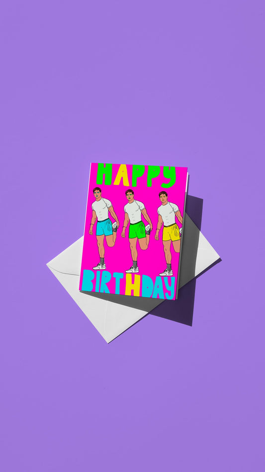 Hand-drawn illustration of three guys stretching before a run with the message "HAPPY BIRTHDAY" in neon colors