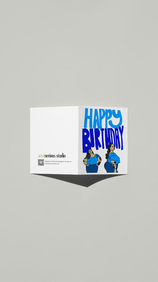 Feminist Empowerment Birthday card standing open, showing the front artwork and the Semiserious Studio logo on the back