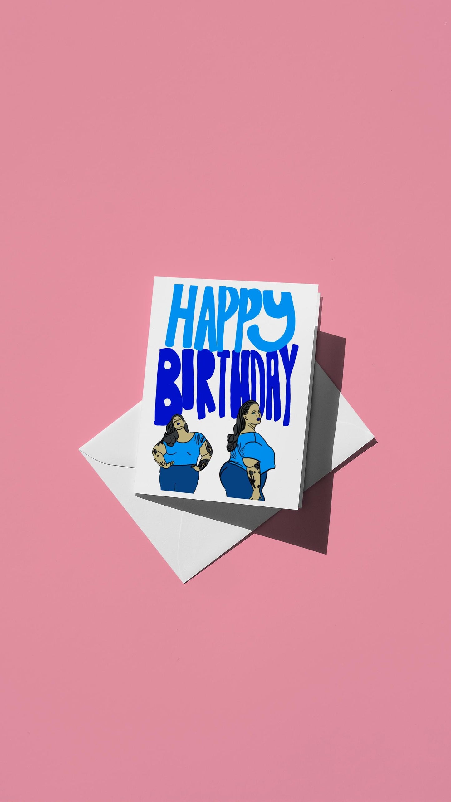 Hand-drawn illustration of a woman wearing blue with the message "HAPPY BIRTHDAY"
