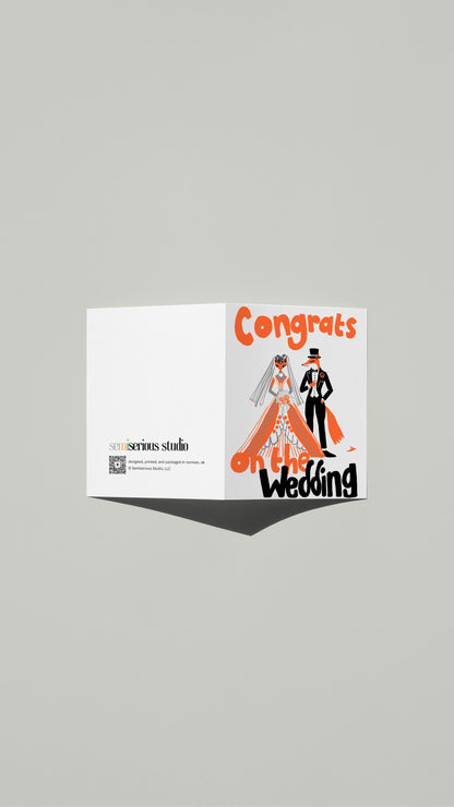 Fox Wedding Congratulations card standing open, showing the front artwork and the Semiserious Studio logo on the back