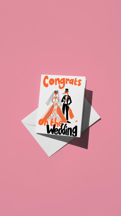 Hand-drawn illustration of two foxes (a bride and groom) with the message "congrats on the wedding"