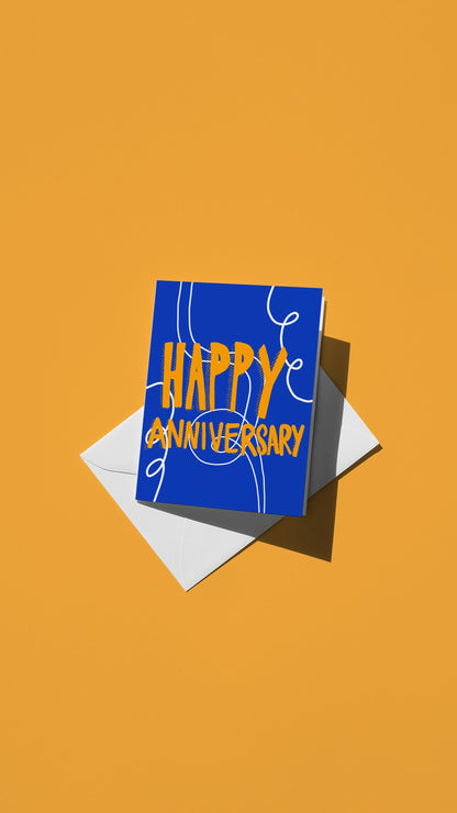 Hand-drawn illustration of white loopy swirls on a blue background with the message "HAPPY ANNIVERSARY" in bright orange