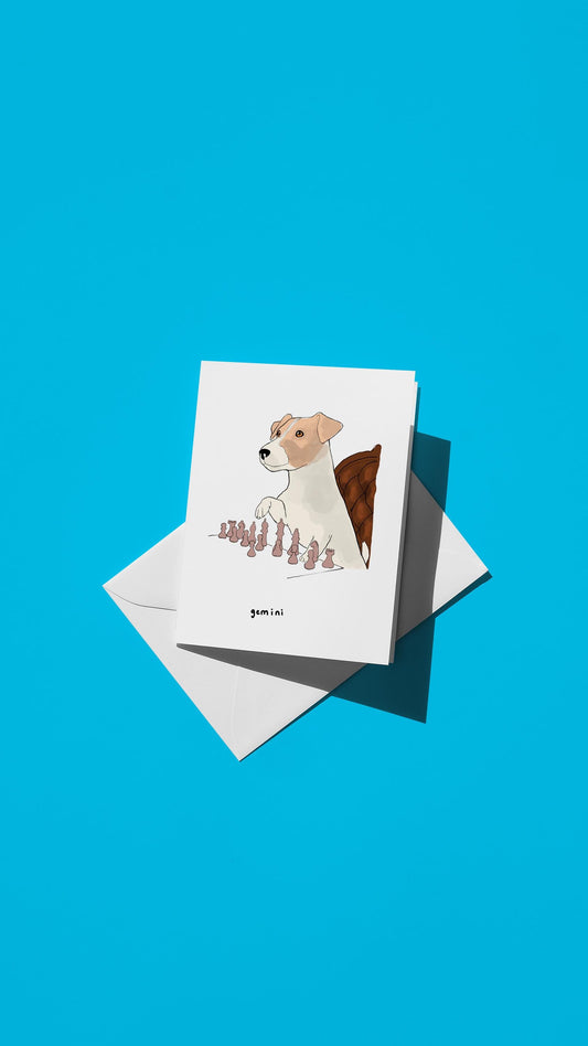 Hand-drawn illustration of a Jack Russell Terrier playing chess with the message "gemini"