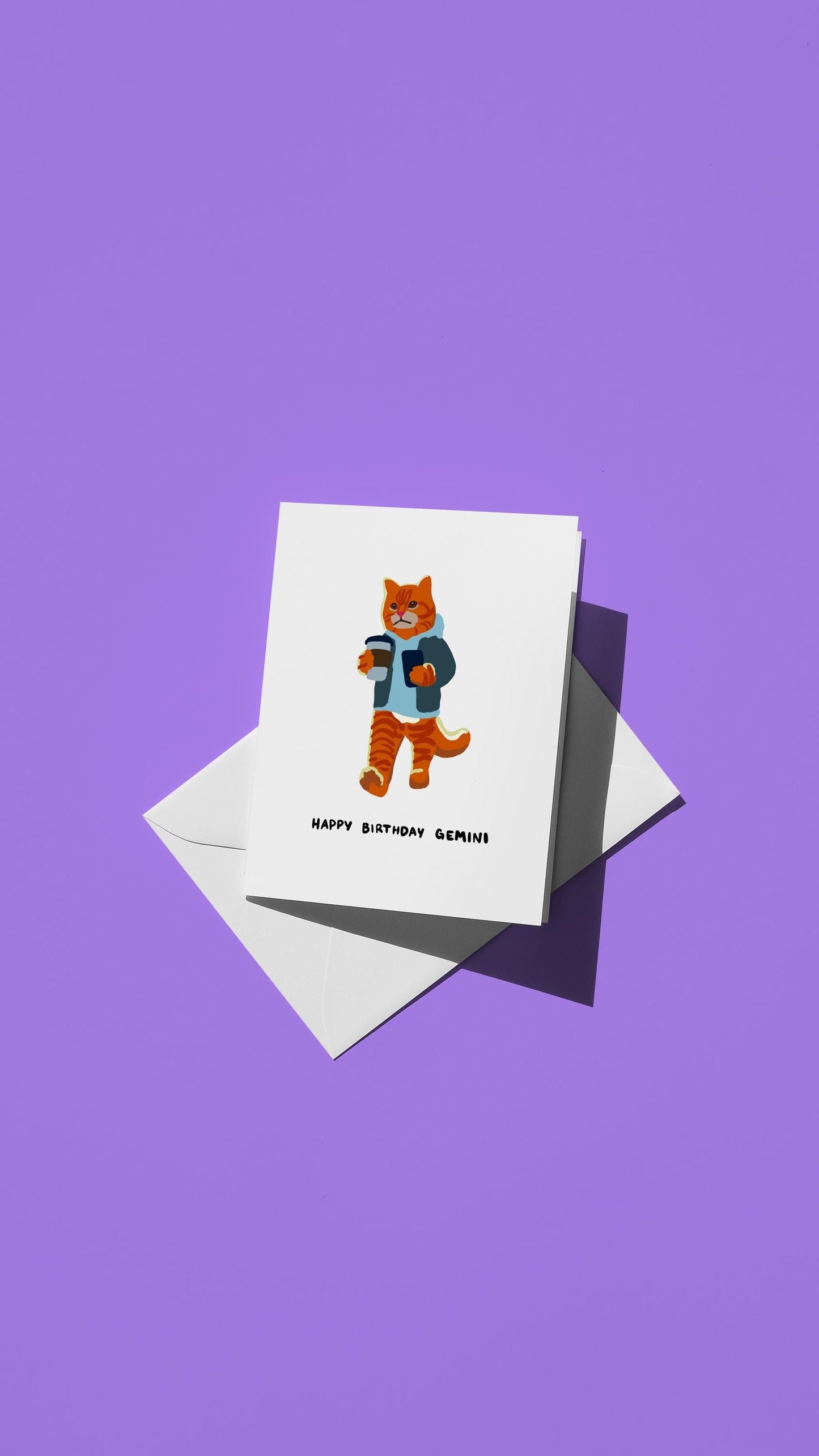 Hand-drawn illustration of an orange tabby cat wearing a hoodie, texting, and drinking coffee with the message "HAPPY