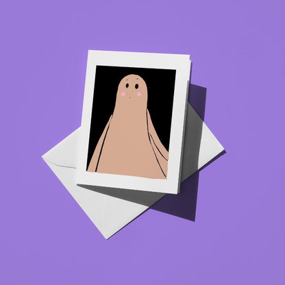 Hand-drawn illustration of a blushing ghost