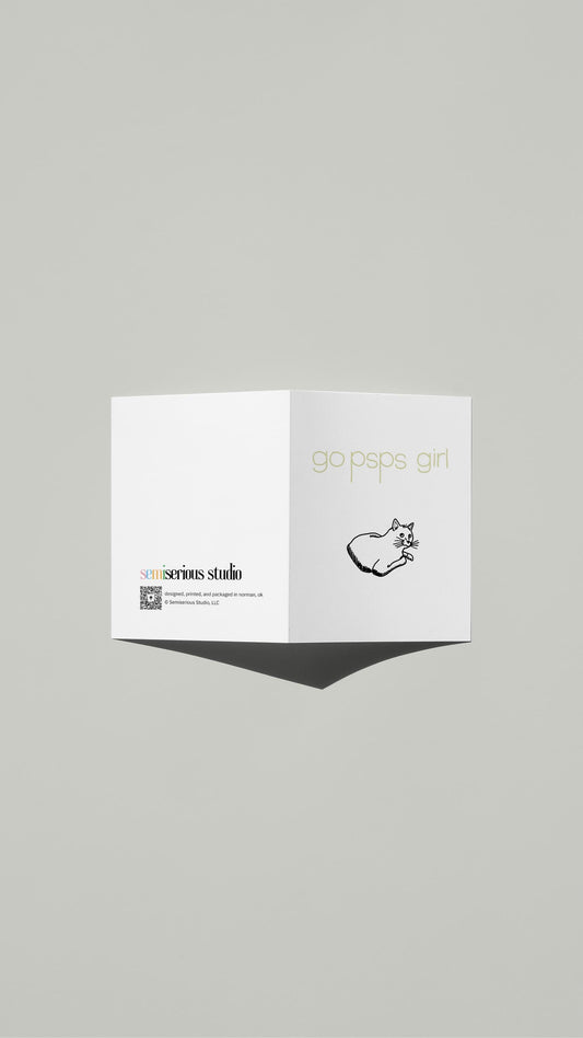 Go Psps Girl Cat Meme card standing open, showing the front artwork and the Semiserious Studio logo on the back