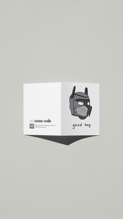Good Boy Pup Pride card standing open, showing the front artwork and the Semiserious Studio logo on the back