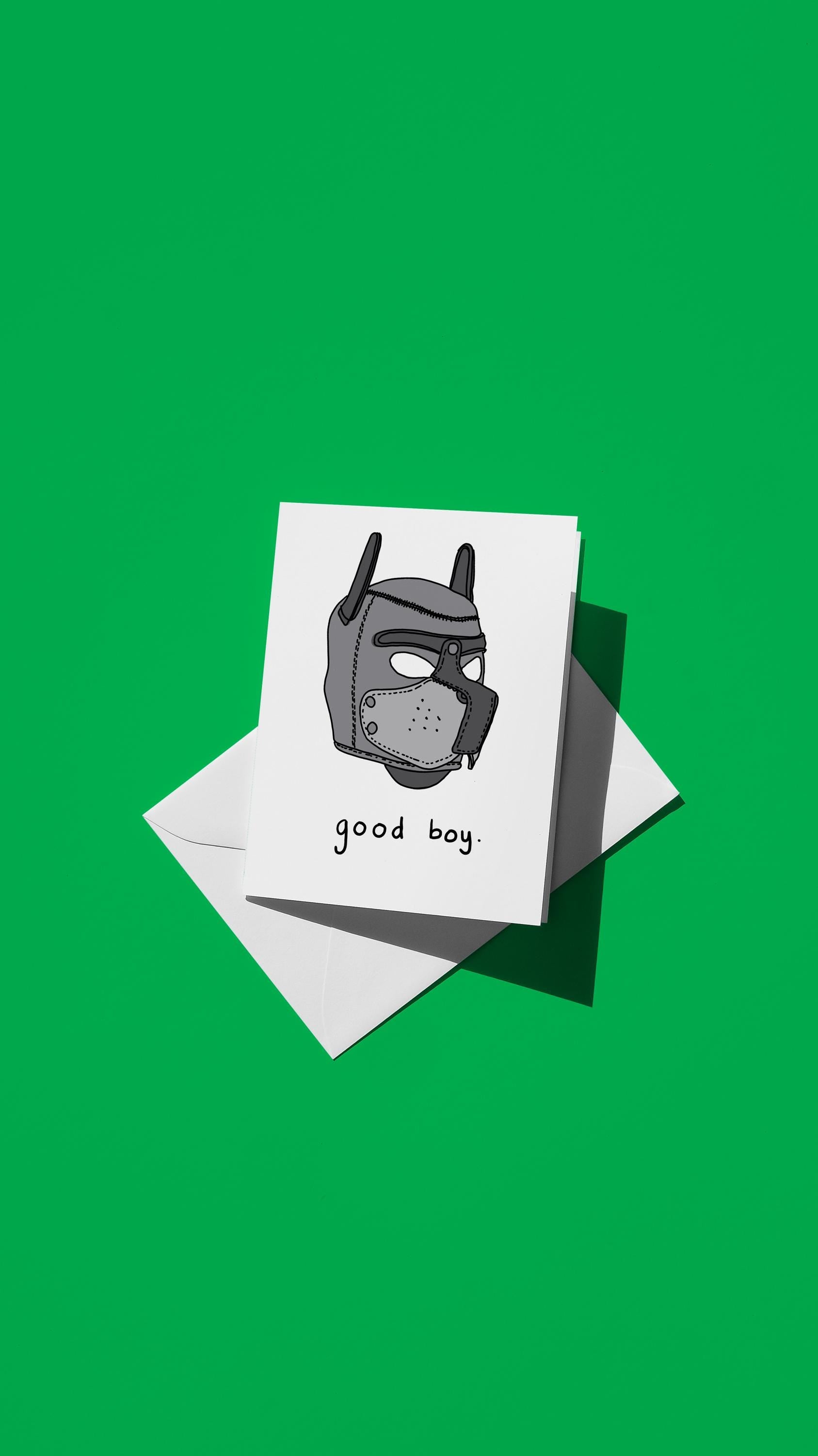 Hand-drawn illustration of a gray pup hood with the message "good boy."