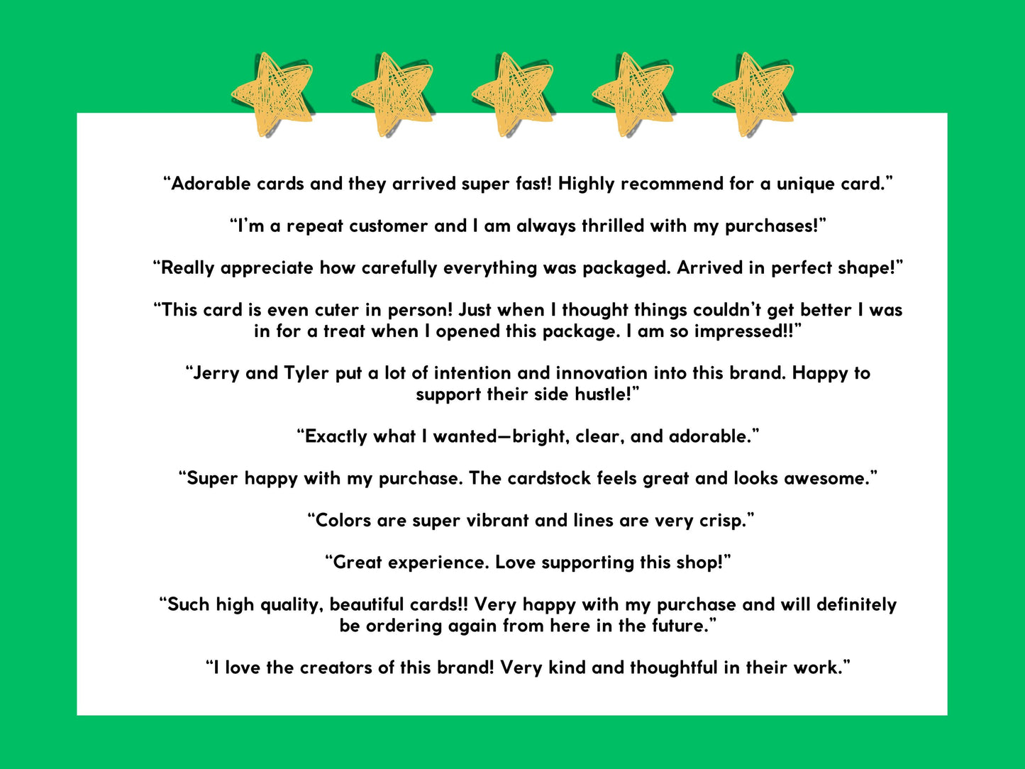Five-star customer reviews for Semiserious Studio greeting cards