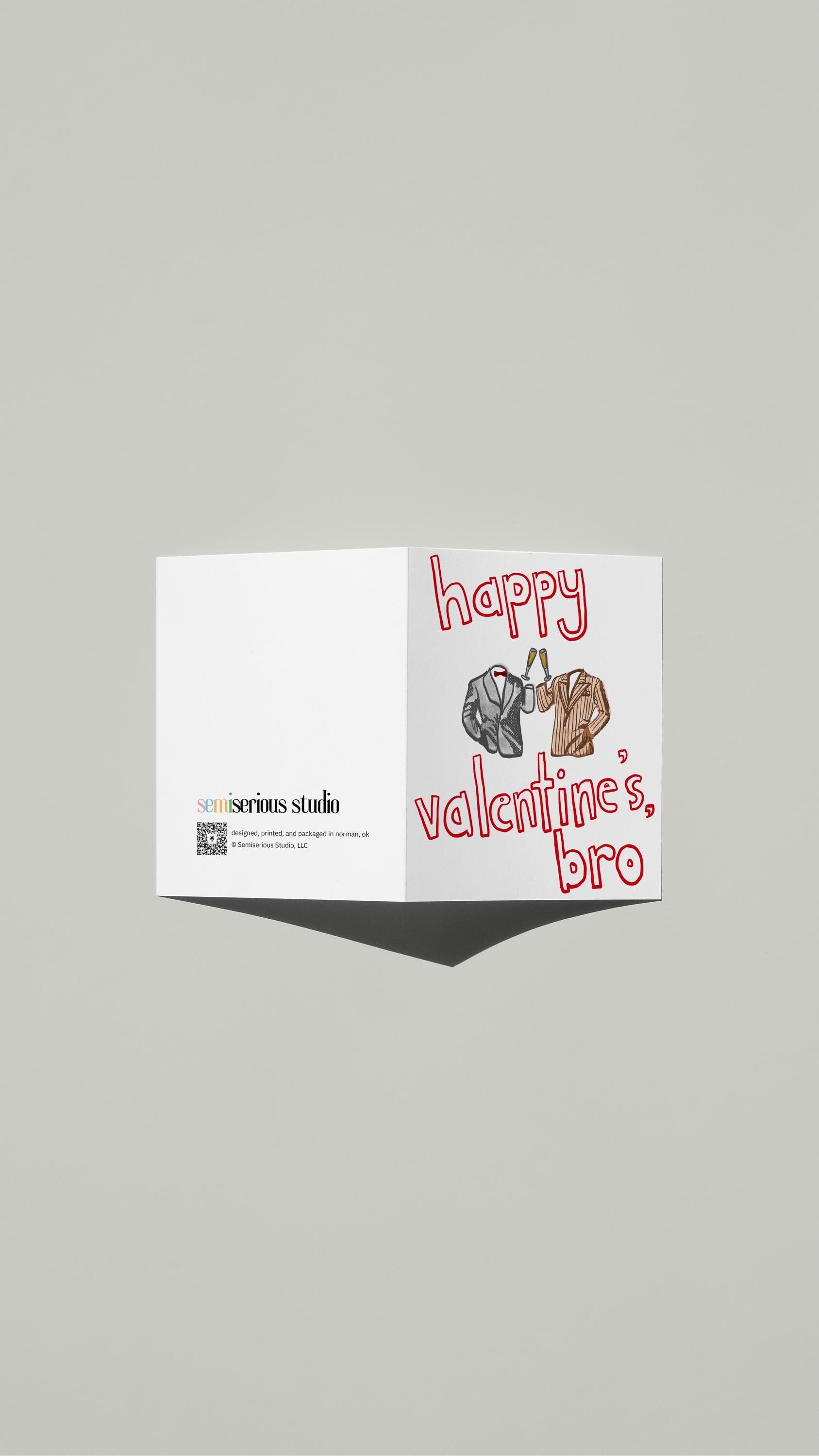 Happy Valentine's Bro card standing open, showing the front artwork and the Semiserious Studio logo on the back