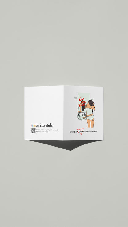 Happy Valentine's Comrade card standing open, showing the front artwork and the Semiserious Studio logo on the back