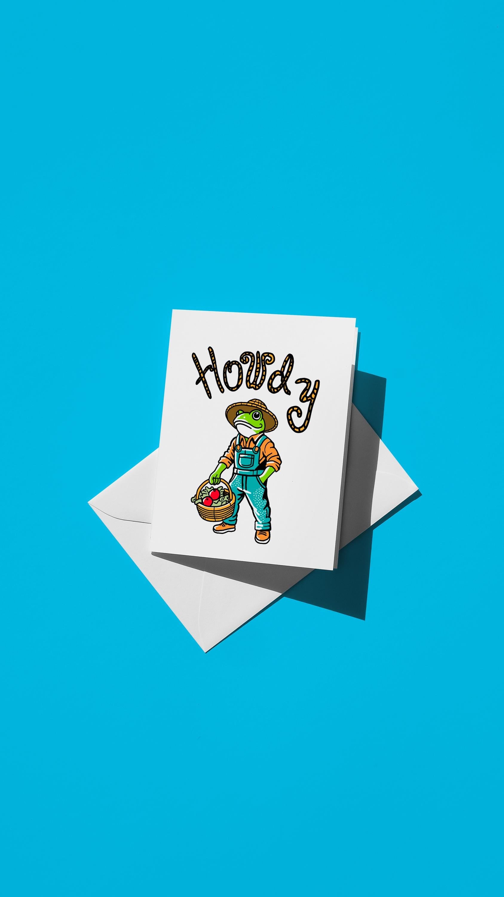 Hand-drawn illustration of a frog gardener with the message "Howdy"