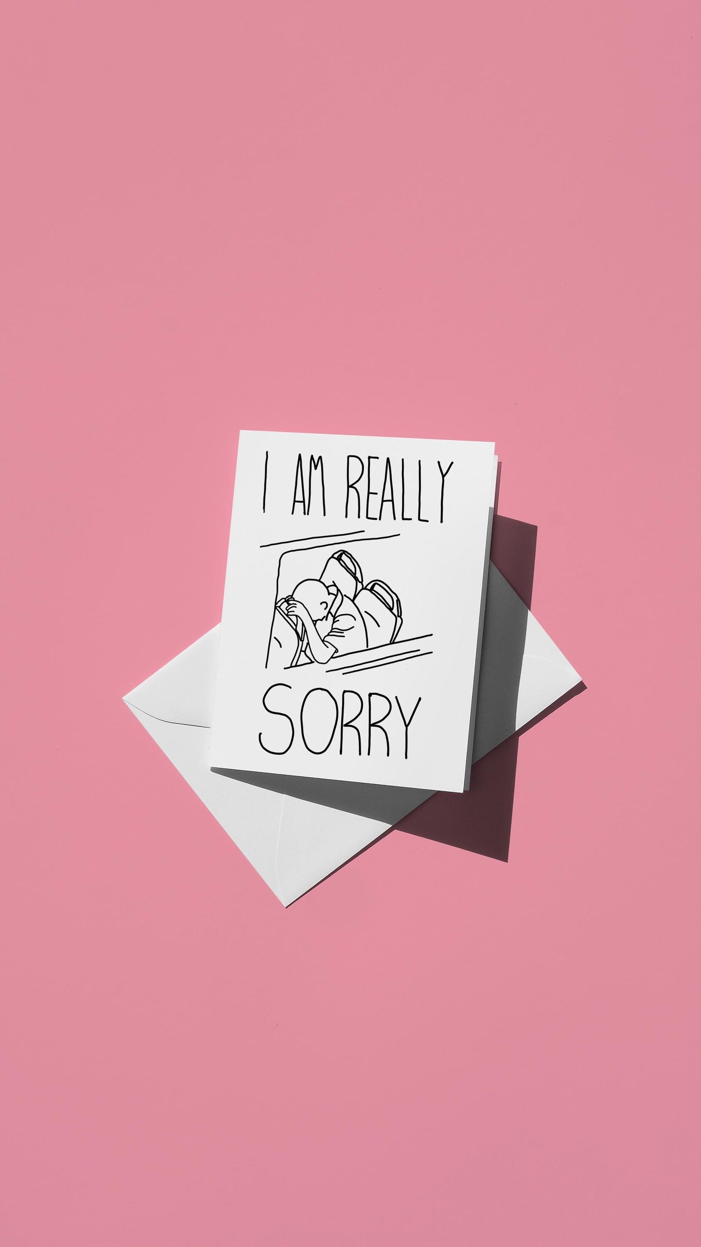 Hand-drawn illustration of a person grieving while riding the bus with the message "I AM REALLY SORRY"
